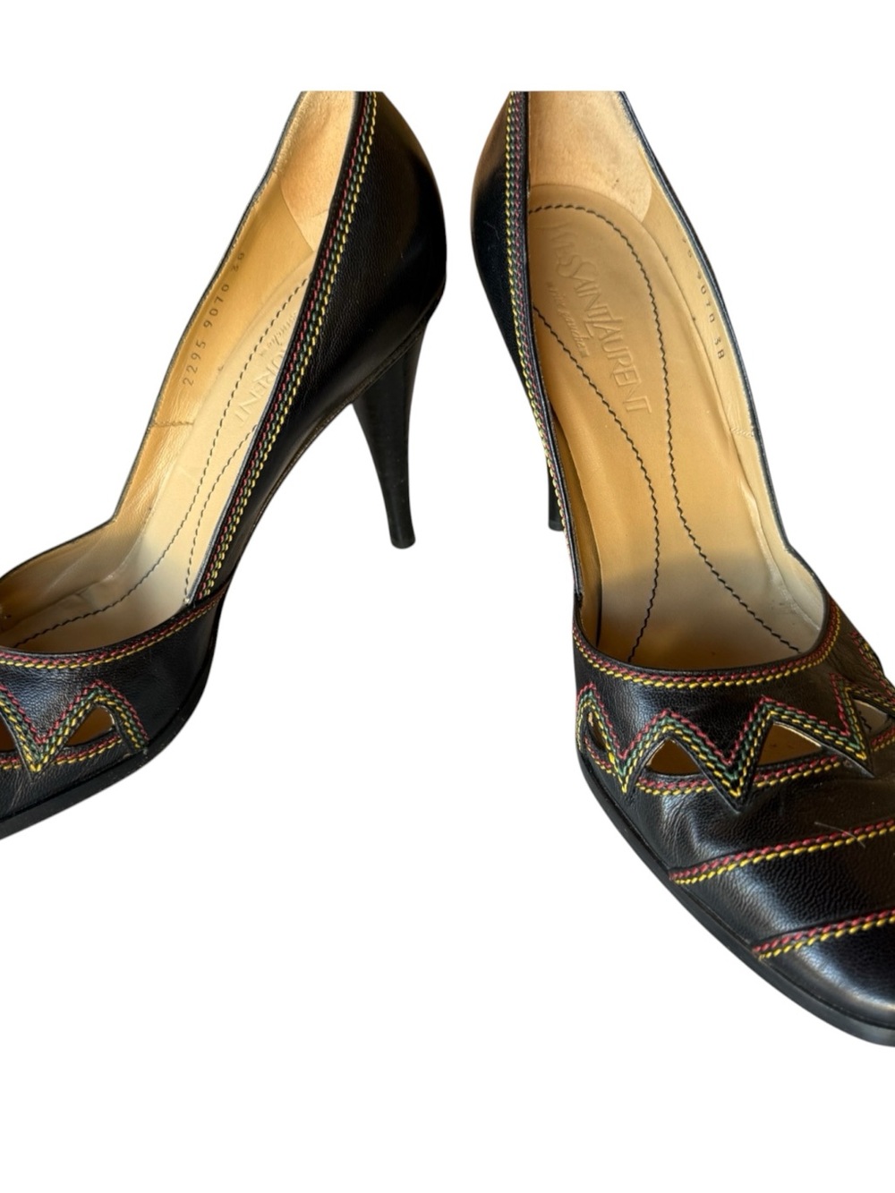 Yves Saint Laurent Black  Leather Zigzag Stitch Cut Out Pumps 38